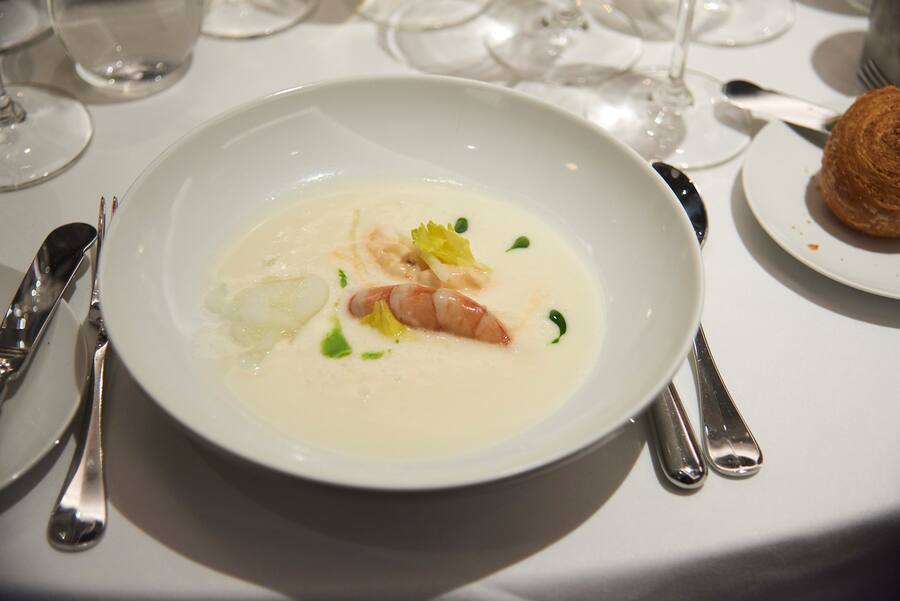 Poached Prawn with Celery Root and green apple veloute